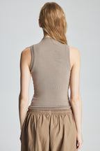 Mock Neck Mesh Panel Stretch Tank Top (Beige)