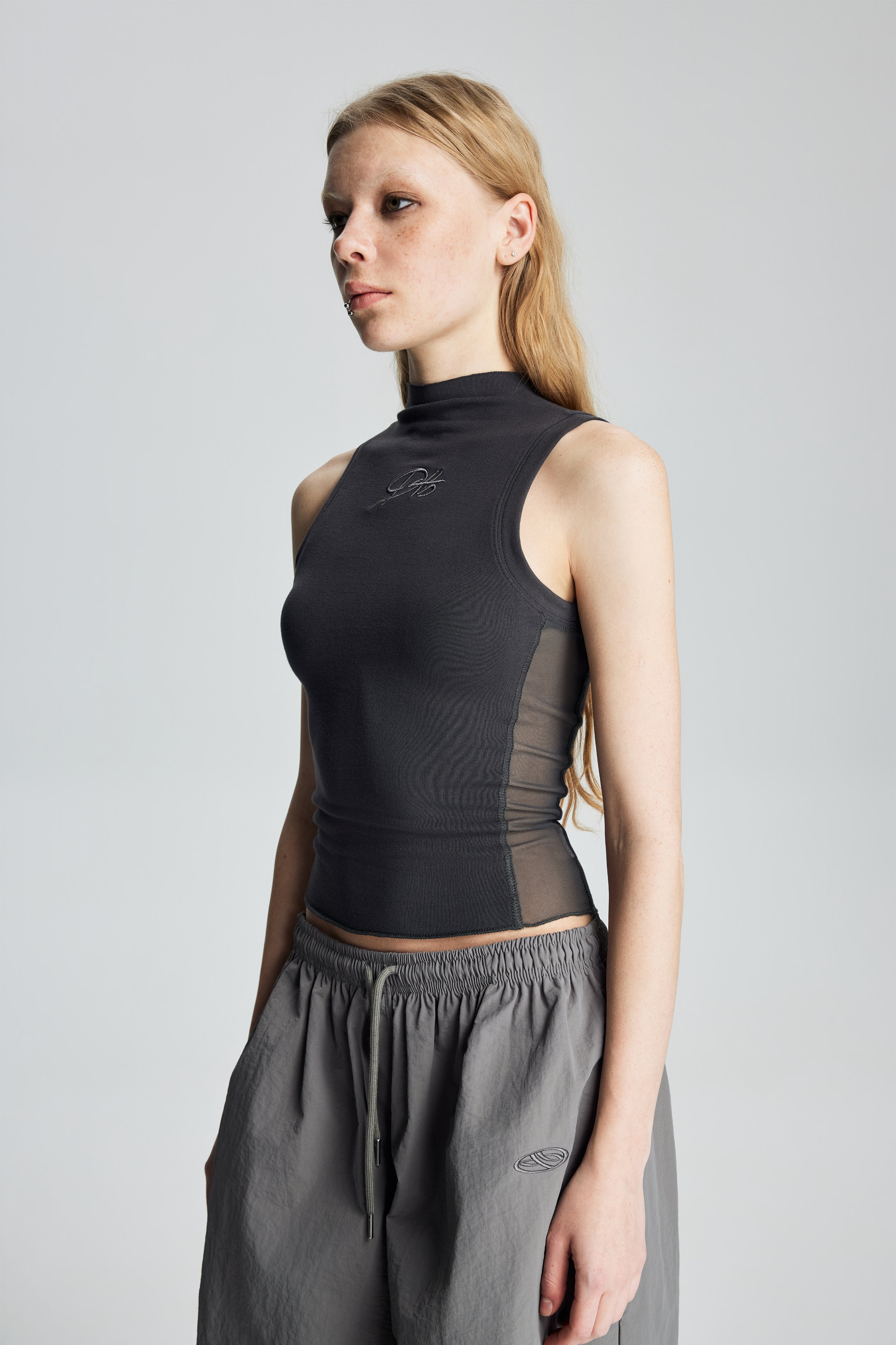 Mock Neck Mesh Panel Stretch Tank Top (Cool Grey)