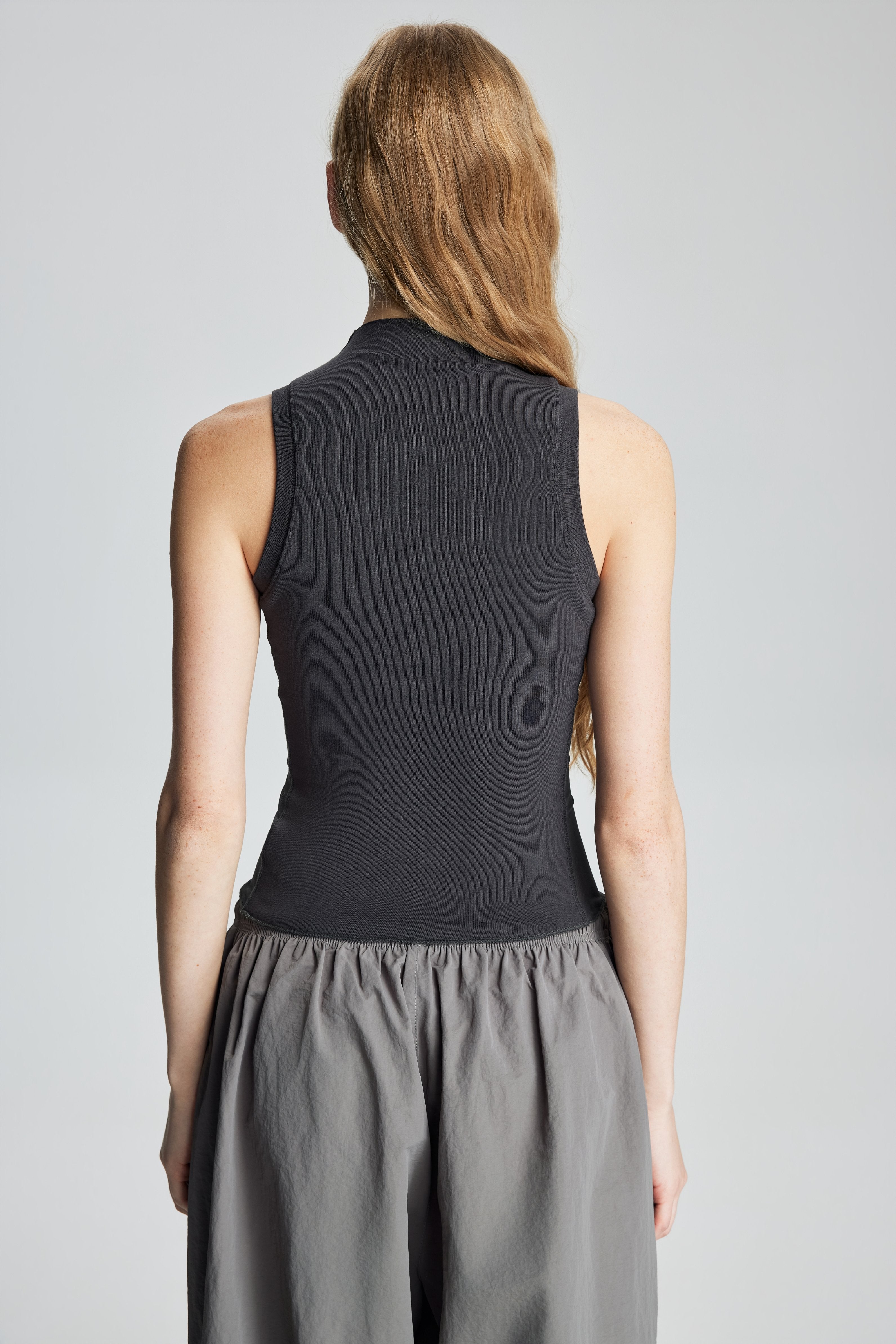 Mock Neck Mesh Panel Stretch Tank Top (Cool Grey)