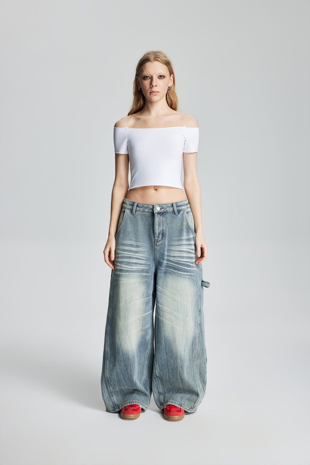 Distressed Patchwork Off-Shoulder Stretch Top (White)