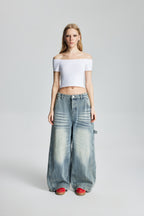 Distressed Patchwork Off-Shoulder Stretch Top (White)