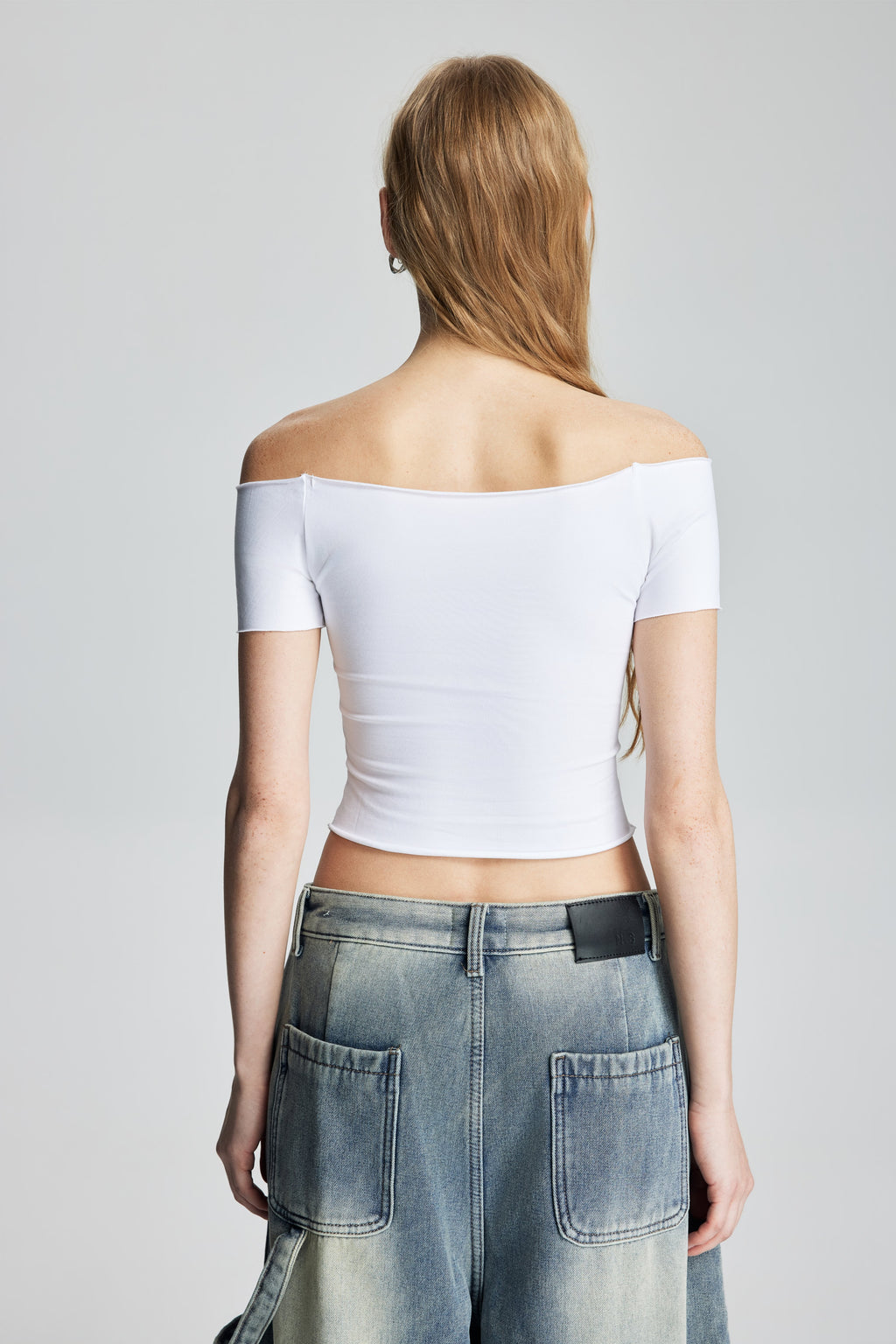 Distressed Patchwork Off-Shoulder Stretch Top (White)