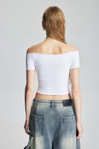 Distressed Patchwork Off-Shoulder Stretch Top (White)