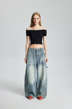 Distressed Patchwork Off-Shoulder Stretch Top (Black)