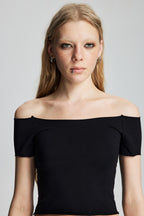 Distressed Patchwork Off-Shoulder Stretch Top (Black)