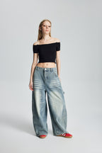 Distressed Patchwork Off-Shoulder Stretch Top (Black)