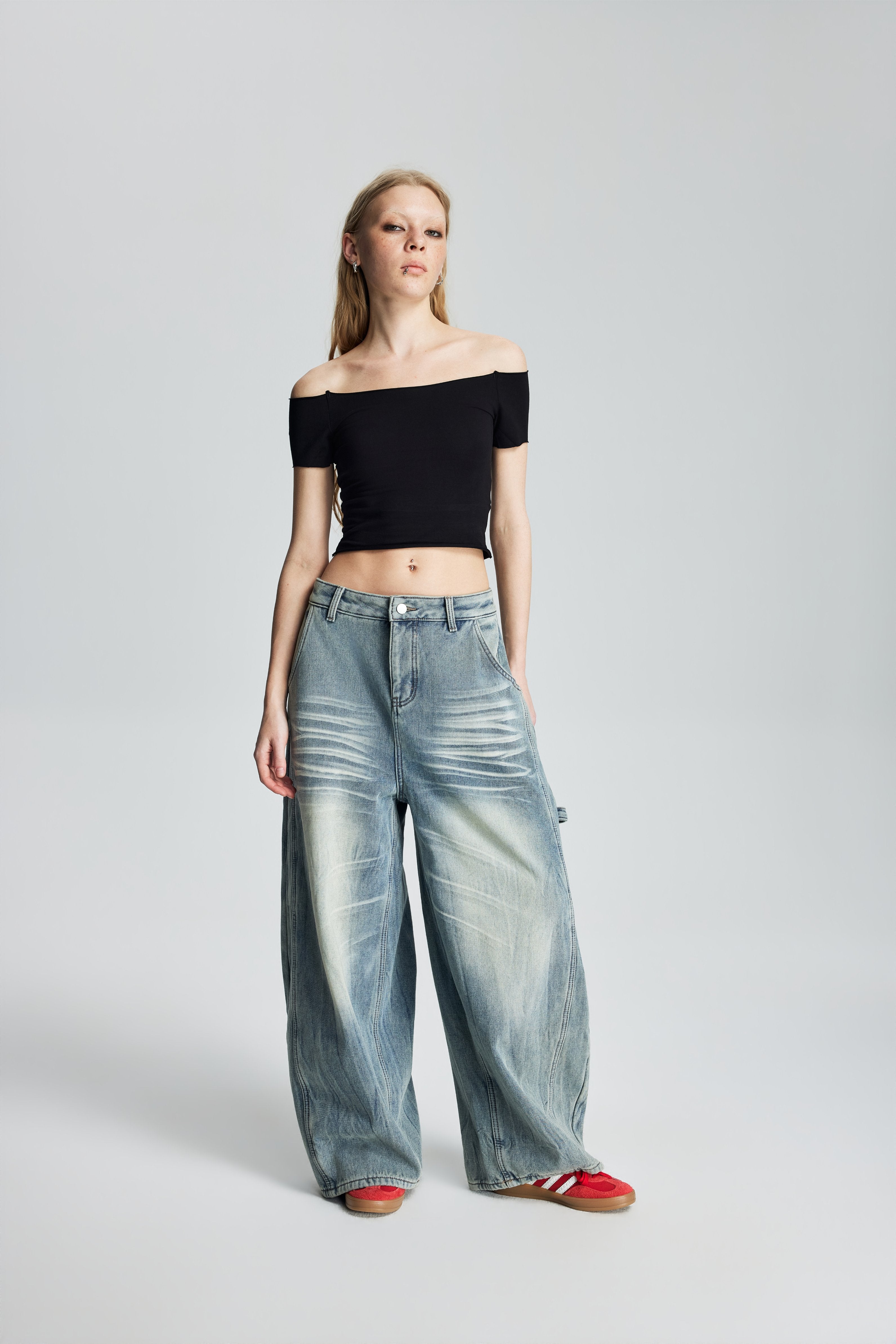 Distressed Patchwork Off-Shoulder Stretch Top (Black)